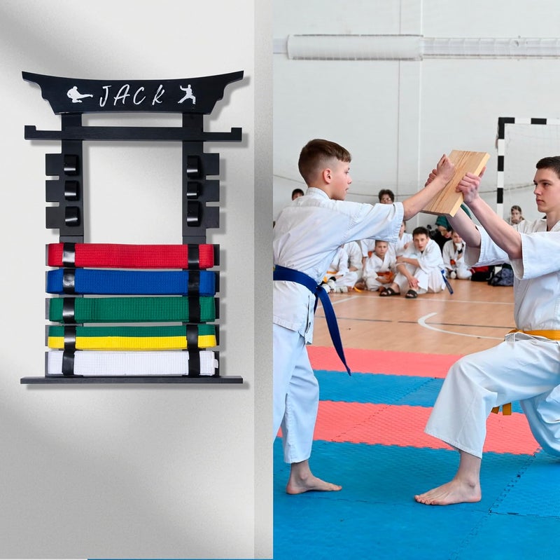 humberboat Wall Karate Belt Display Rack with Medal Hanger and Stickers, Martial Arts Belt Display Holder, 8 Belt Taekwondo Belt Belt Display Hanging Holder for Kids and Adults-Brown - Image 3
